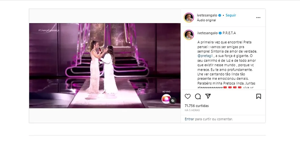 Ivete Sangalo se declara para Preta Gil após dueto com homenagem a Gal Costa no Criança Esperança: ‘sintonia de amor’