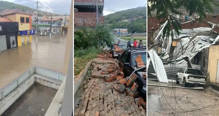 Chuva forte e ventania provocam alagamentos e danos em Jacobina neste sábado